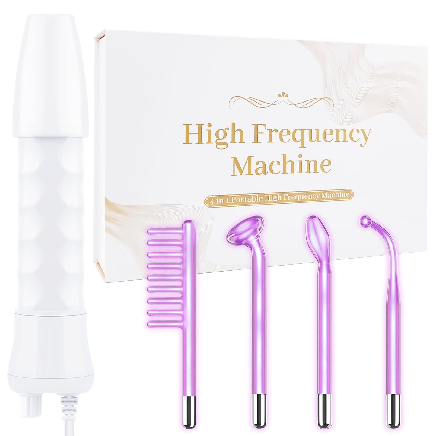High Frequency Facial Wand -  4 in 1 Violet Portable Handheld | High Frequency Facial Machine - at Home Face Skin Wand Device with 4 Pcs Purple Glass Tubes
